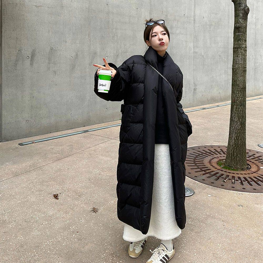 黑色长款羽绒棉服女2024年新款冬小众设计感韩系高气质