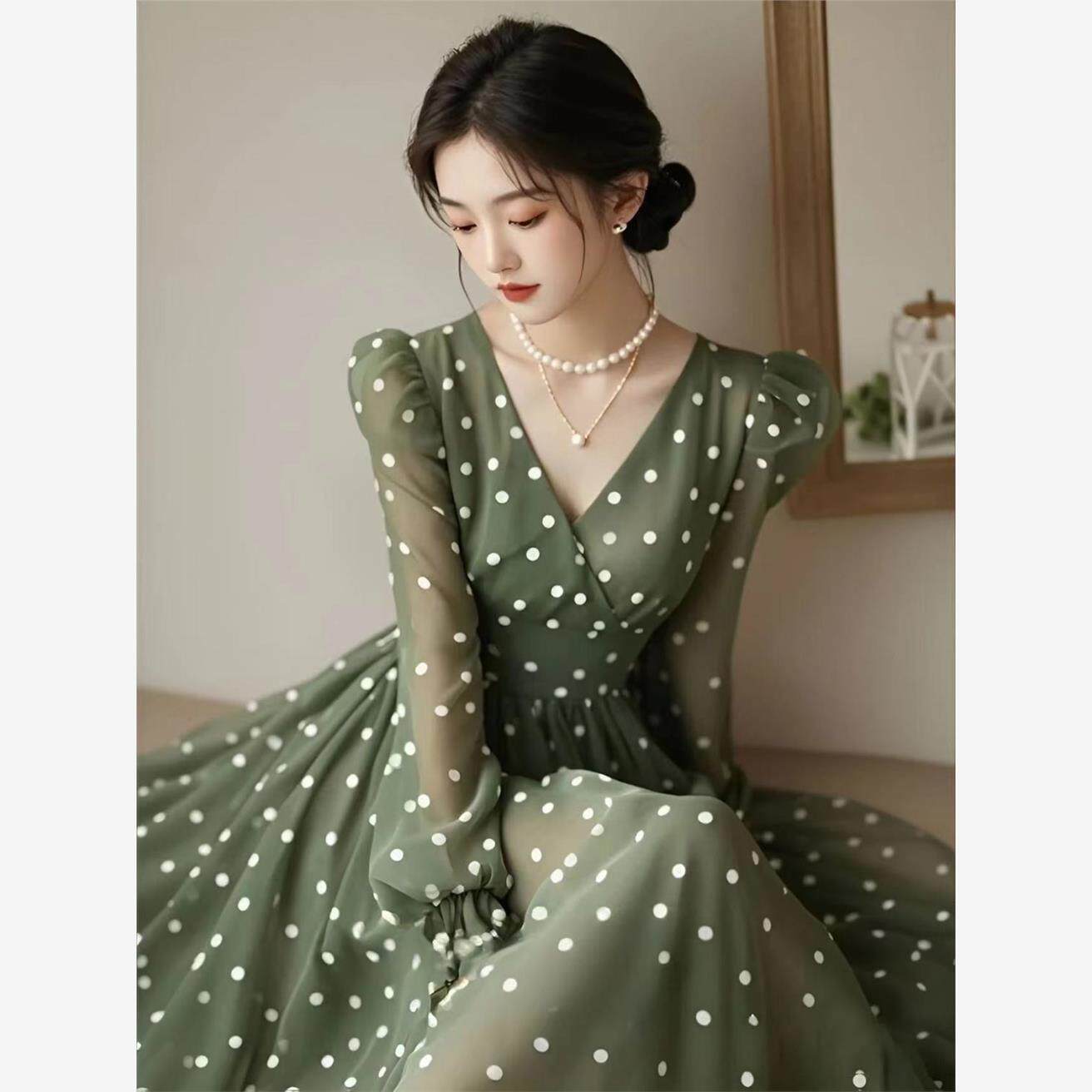 绿色波点雪纺连衣裙女202