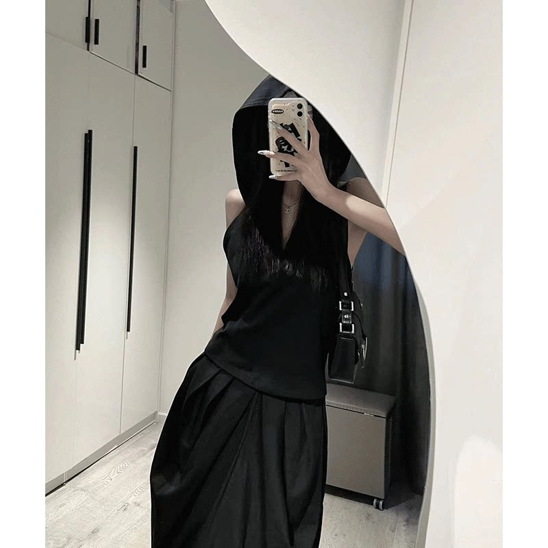 连帽无袖卫衣女夏小众高级设计感修身显瘦露背挂脖上衣超宽半身裙