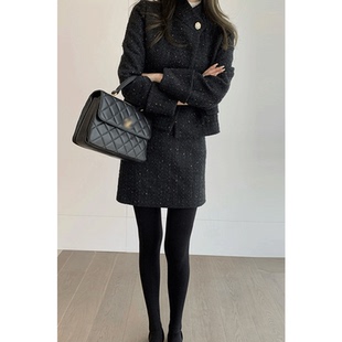 秋冬小香风套装浪漫时尚炸街黑色港风洋气法式复古赫本半裙两件套