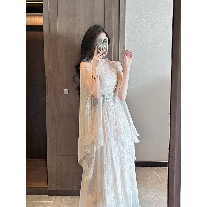 设计师原创改良式旗袍连衣裙露肩广袖流仙裙礼服长裙高端裙子小众