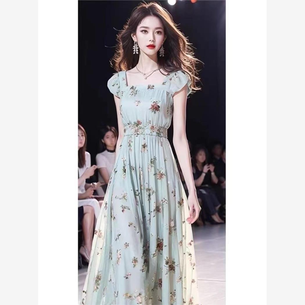 优雅印花方领收腰雪纺长裙法式气质时尚高级感绿色碎花连衣裙子新