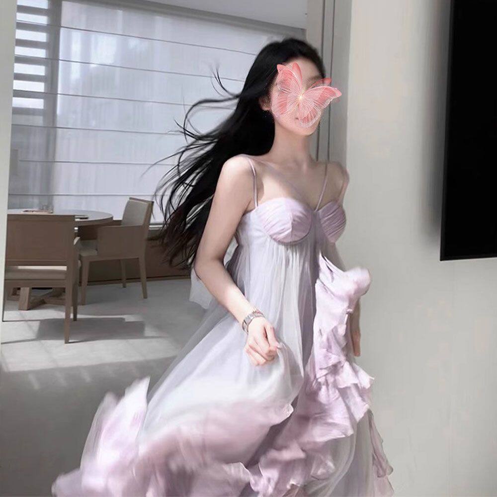 法式超仙仙女度假设计长裙吊带夏季抹胸露背海边不规则沙滩连衣裙