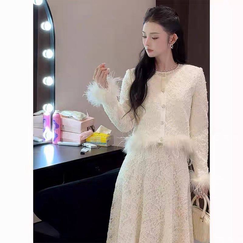 加绒加厚白色小香风蕾丝套装女装秋冬2024新款气质半身裙子两件套