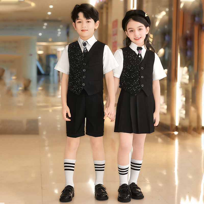 黑色儿童合唱演出服英伦西装短袖马甲衬衫小学生朗诵比赛校服园服