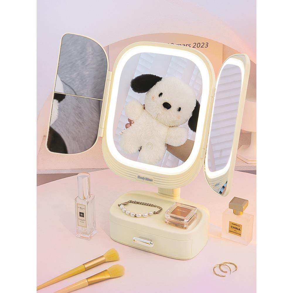 led折叠化妆镜女生卧室宿舍桌面台式梳妆台带灯小镜子收纳盒一体