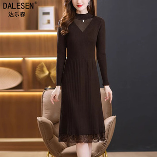 蕾丝针织连衣裙女2025秋冬新款 配大衣内搭妈妈毛衣打底裙 中长款