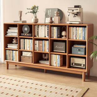 书柜实木家用客厅收纳柜一体组合书架橡胶木收纳柜落地多层格子柜
