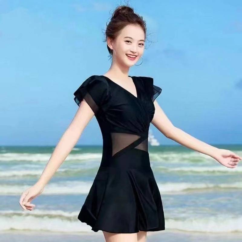 泳衣女连衣裙纯色芭比泳衣修身显瘦泡温泉性感露背专业游泳衣