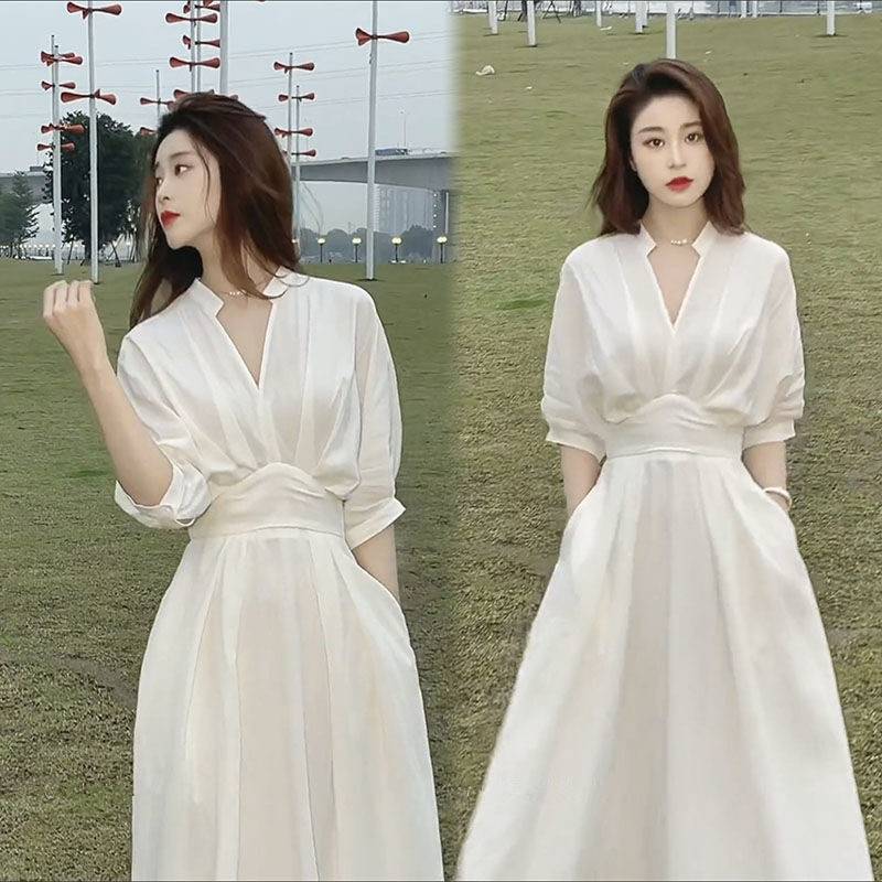 小众设计感气质衬衫连衣裙女装收腰修身V领长款减龄夏季新款A字裙