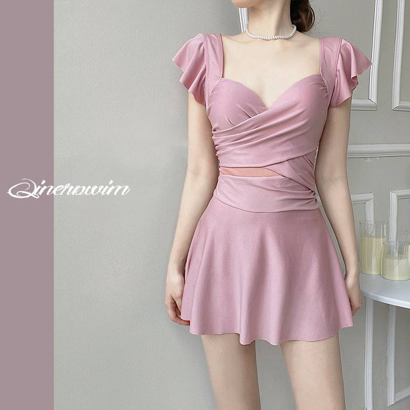 泳衣女款连体纯色法式泳衣保守显瘦钢托文胸连衣裙式泳衣温泉