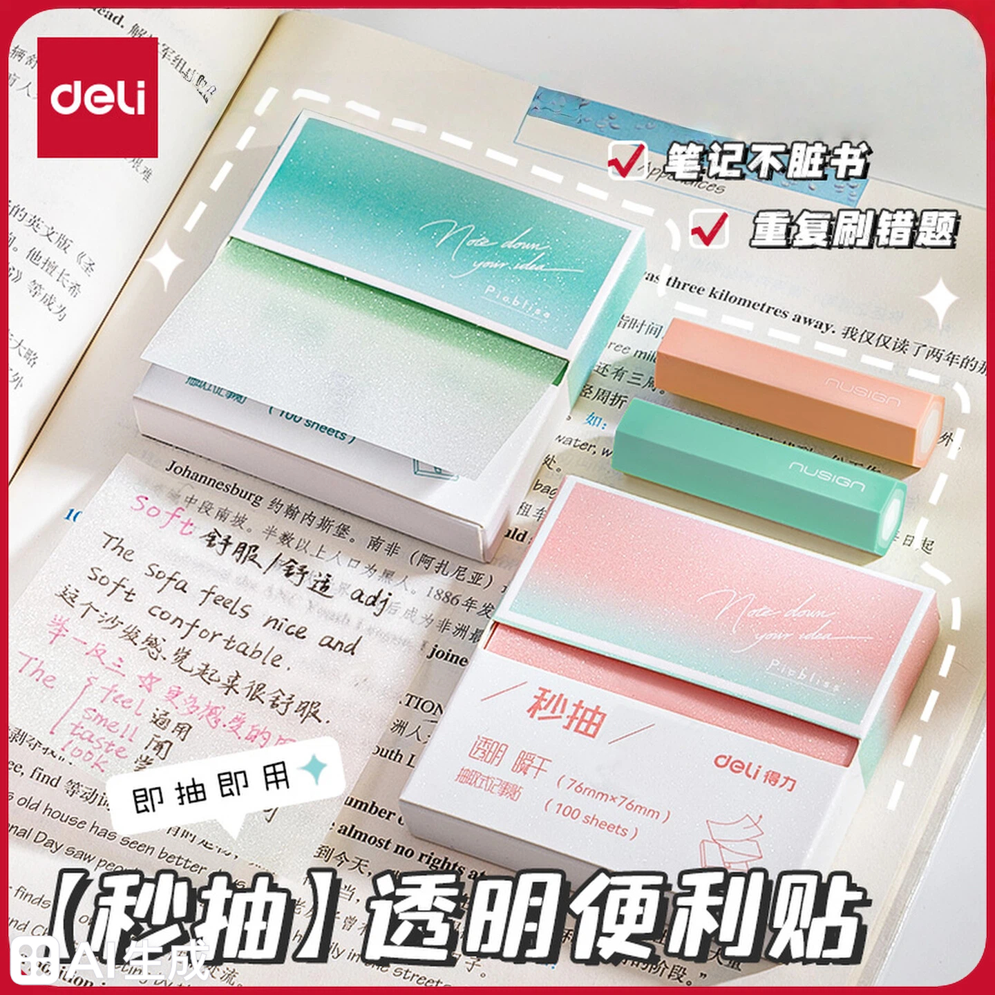 得力盒装透明便利贴小学生专用抽纸式便签初中生专用高颜值好用文具有粘性可粘贴ins风N次贴可撕便签纸可写字