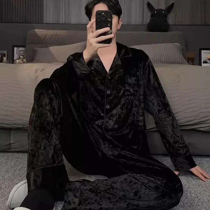 栩芷轻奢高级感黑色金钻绒睡衣男款秋冬季金丝绒男W士家居服套装