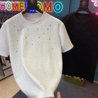 路经生轻奢专柜新款满天星烫钻修身圆领短袖夏m季百搭美式欧货短