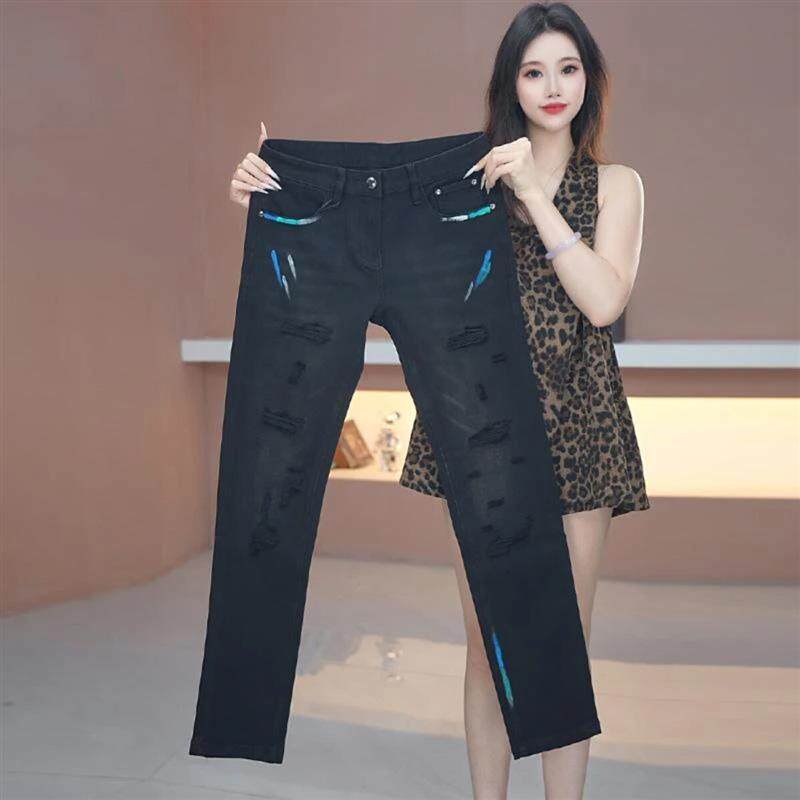 7美特鞋服手绘涂鸦假破洞男牛仔裤早秋新款弹力修身百搭小直筒裤