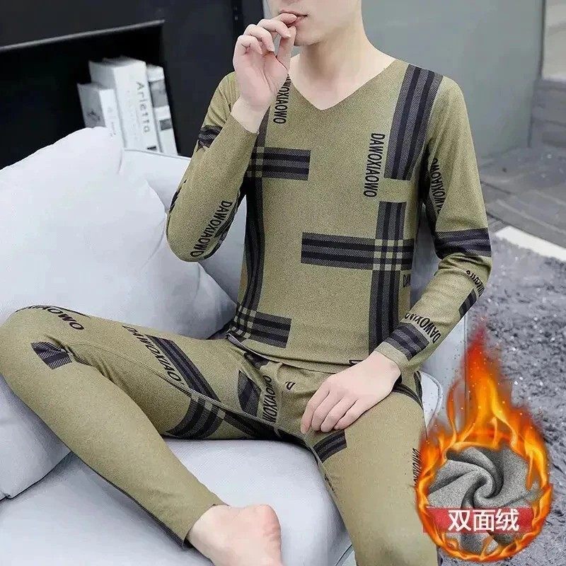 方元名品秋冬季新款男士德绒保暖睡衣套w装V领打底磨毛大码