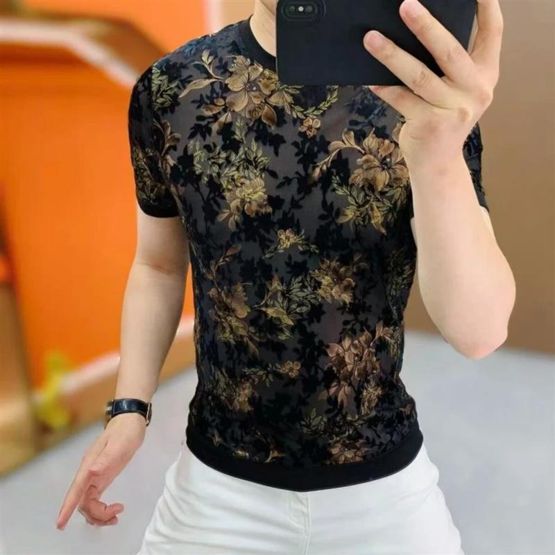 尊梵仕云客服饰专卖夏季男圆领短袖T恤潮流时尚植绒花卉印花修身