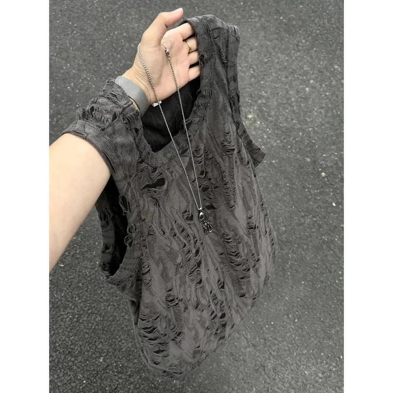 塔弗森男装旗舰1美式高街破洞无袖背心男款夏季新款休闲运动健身