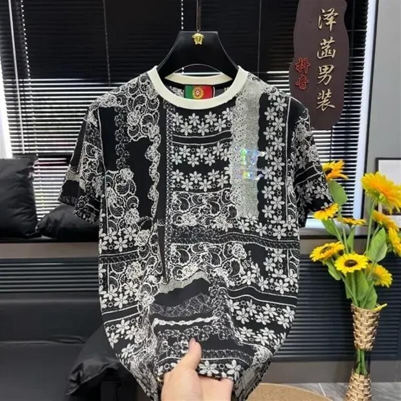 IT轻奢时尚夏季轻奢风潮男常规款亮片圆领日常R短袖T恤时尚新中式