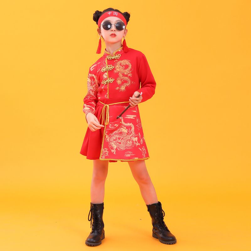 中国儿童爵士舞演出服模特运动会走秀街舞女童喜庆男女国潮表演