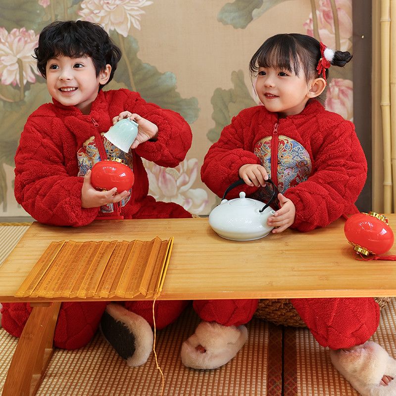 宝宝拜年服夹棉法兰绒新中式儿童连体睡衣冬季加厚珊瑚绒家居服