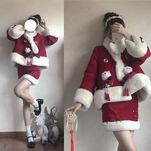 红色新年毛呢绒套装裙女加绒加厚学生秋冬羊羔绒宽松外套潮两件套