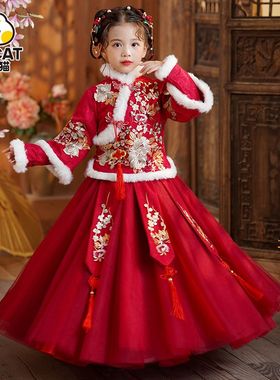 拜年服女童汉服儿童古装旗袍红色冬季唐装新年装加厚冬款中国风