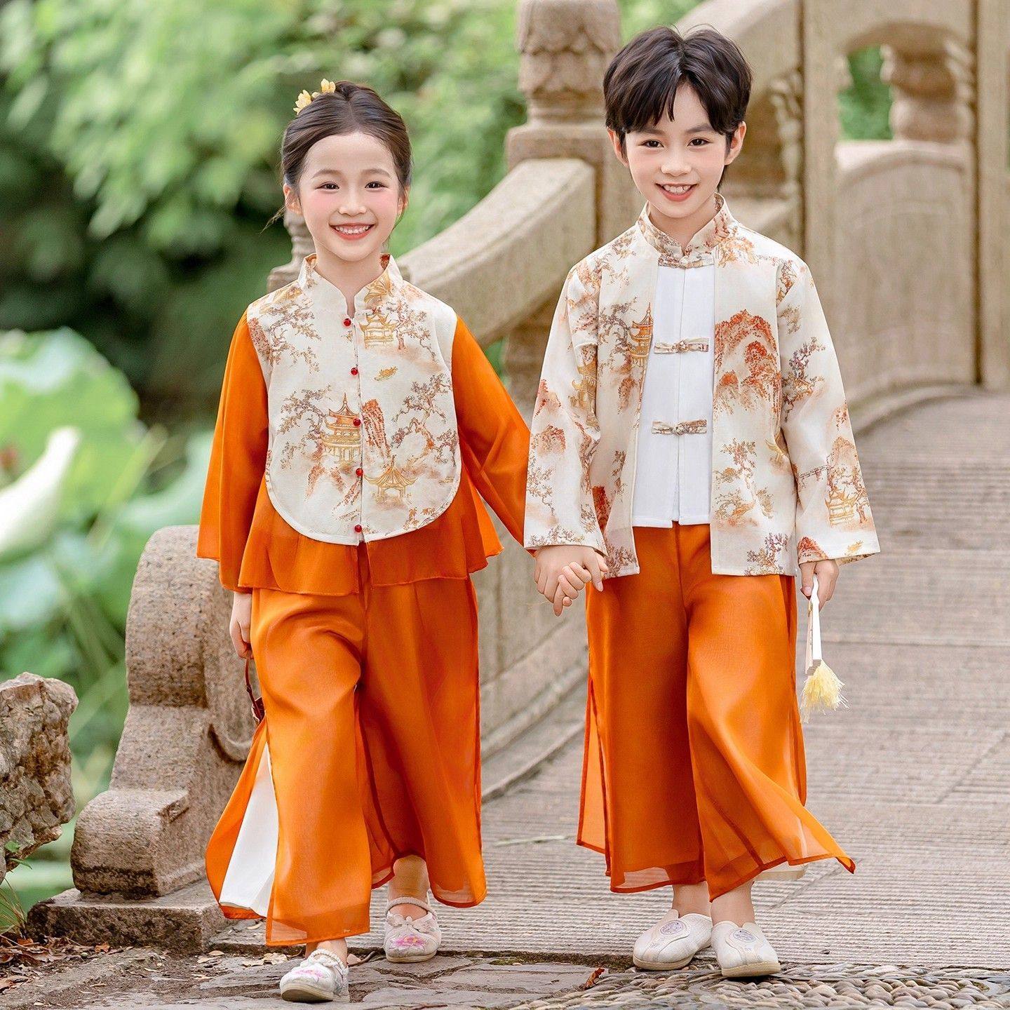 新款男女童新中式唐装表演服国风汉服套装改良式款童装春秋季男孩