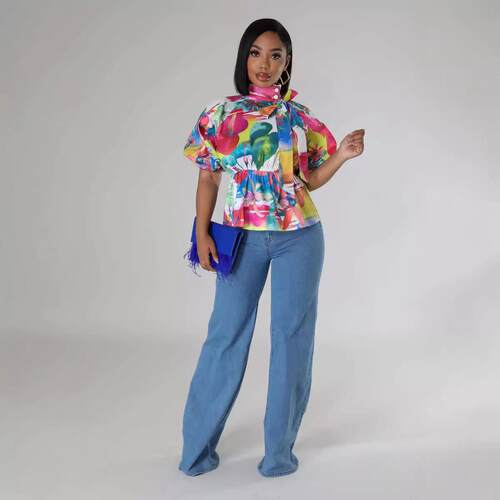 Floral Print Bow Design Blouse Shirts Fitted Casual Top for