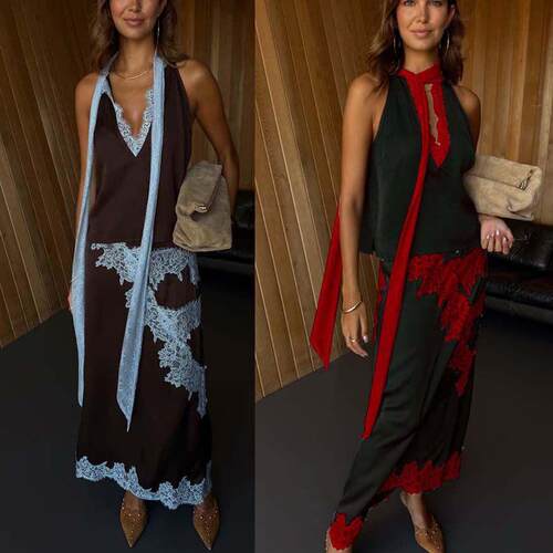 Women Summer 2 Piece Outfits Stylish Lace Patchwork