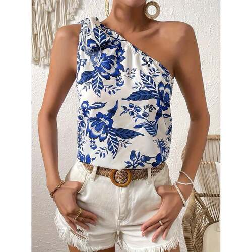 A women's floral-print off-the-shoulder strapless