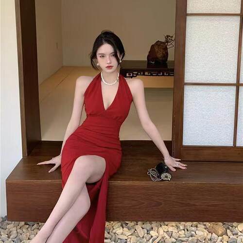 Womens Sexy V Neck Backless Bodycon Dress High Slit Long