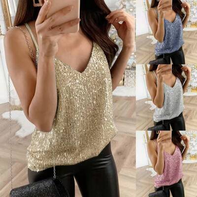 Fashion Women Sequins Tank Top 2024 New Summer Sexy Halter