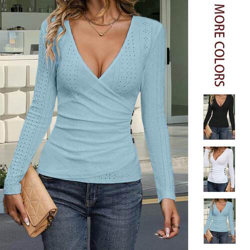 Women's Plain Eyelet Embroidery Fake Buttons Wrap Ruched Tee