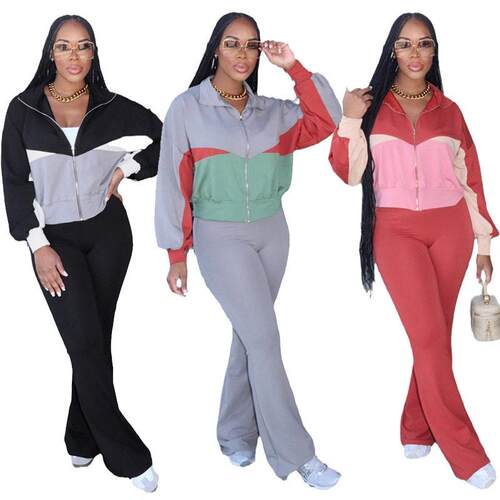 Colorblock Zip Up Jacket & Plain Flare Leg Pants Two-piece