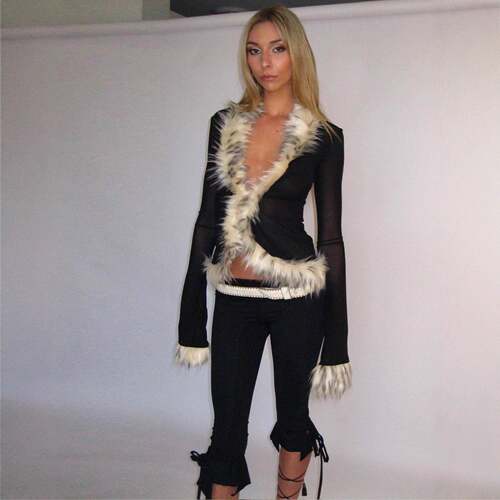 Sexy Night Out Faux Fur Patchwork V-Neck Mesh Two-Layer