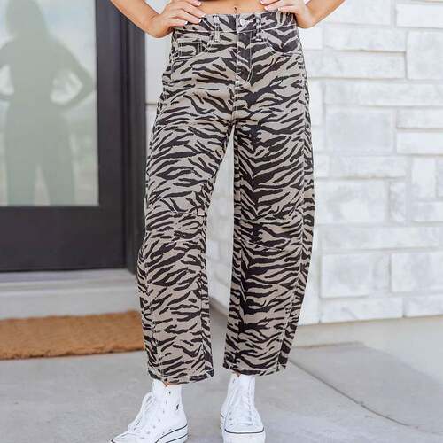 Gray Zebra Stripe Printed Wide Leg Jeans  Front and Back
