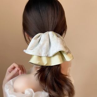 梦幻星月夜缎面晕染珍珠马尾夹2025新款星空印花后脑勺半扎发抓夹