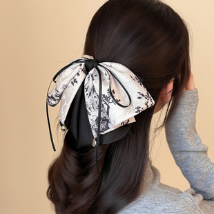 发夹女2025新款高级感水墨印花蝴蝶结抓夹新中式后脑勺半扎马尾夹