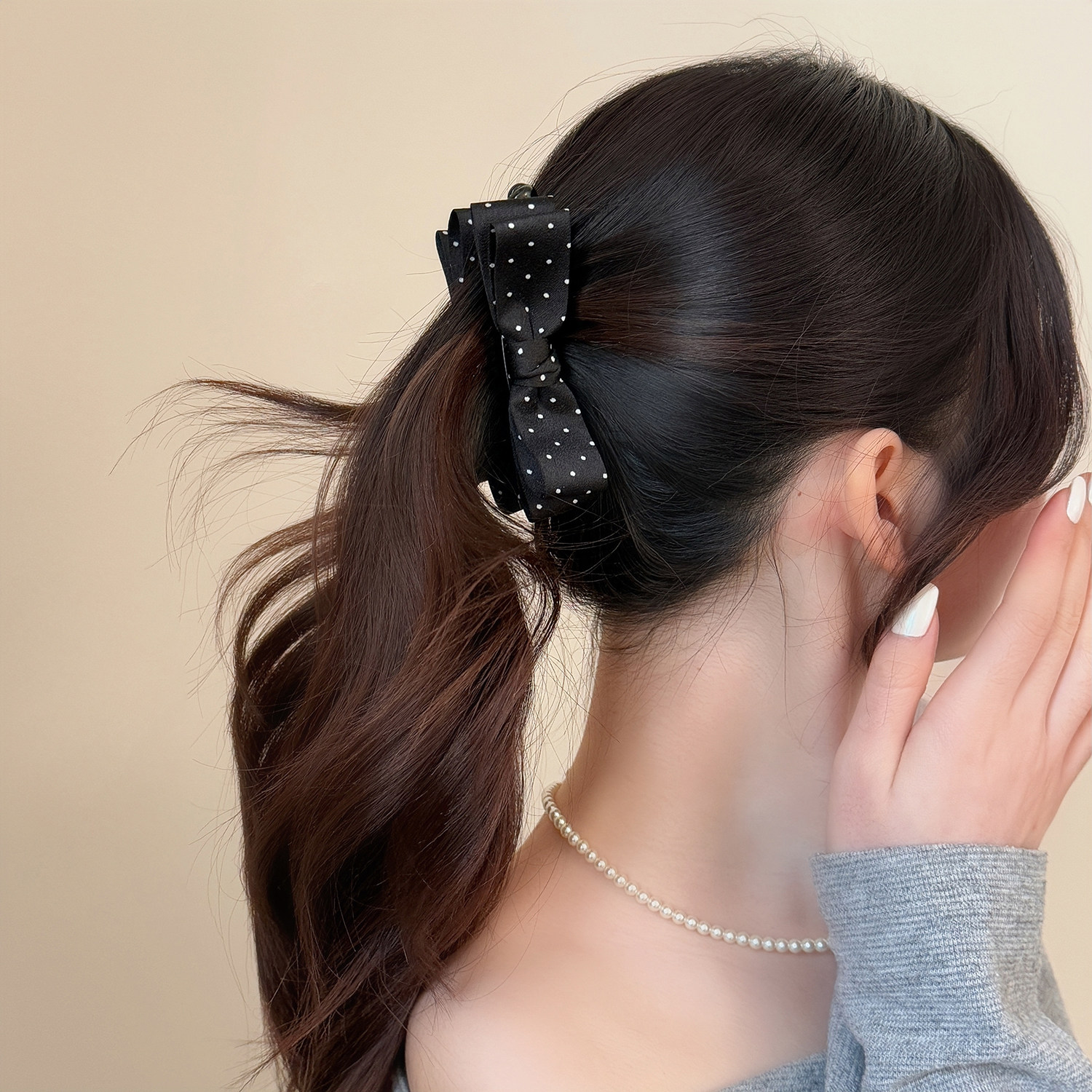 简约风双面波点蝴蝶结香蕉夹女新款轻奢低马尾竖夹韩版后脑勺发夹