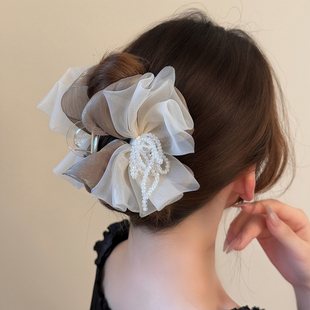 高级感流光纱多层蝴蝶结马尾夹法式水晶抓夹精致半扎发后脑勺发夹