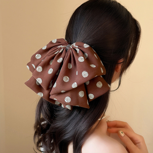 咖色轻纱雪纺大波点多层蝴蝶结抓夹女2025新款复古百搭扎马尾发夹