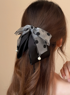 轻奢亮银网纱大波点蝴蝶结香蕉夹法式氛围感精致时尚后脑勺发夹女