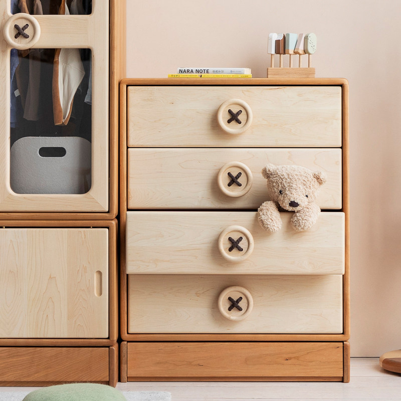 孩在 纽扣斗柜环保硬枫樱桃黑胡桃四斗柜儿童收纳柜全实木柜