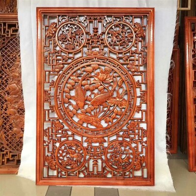 东阳木雕香樟木120*80cm挂件雕花板隔断电视背景墙雕刻现货定制