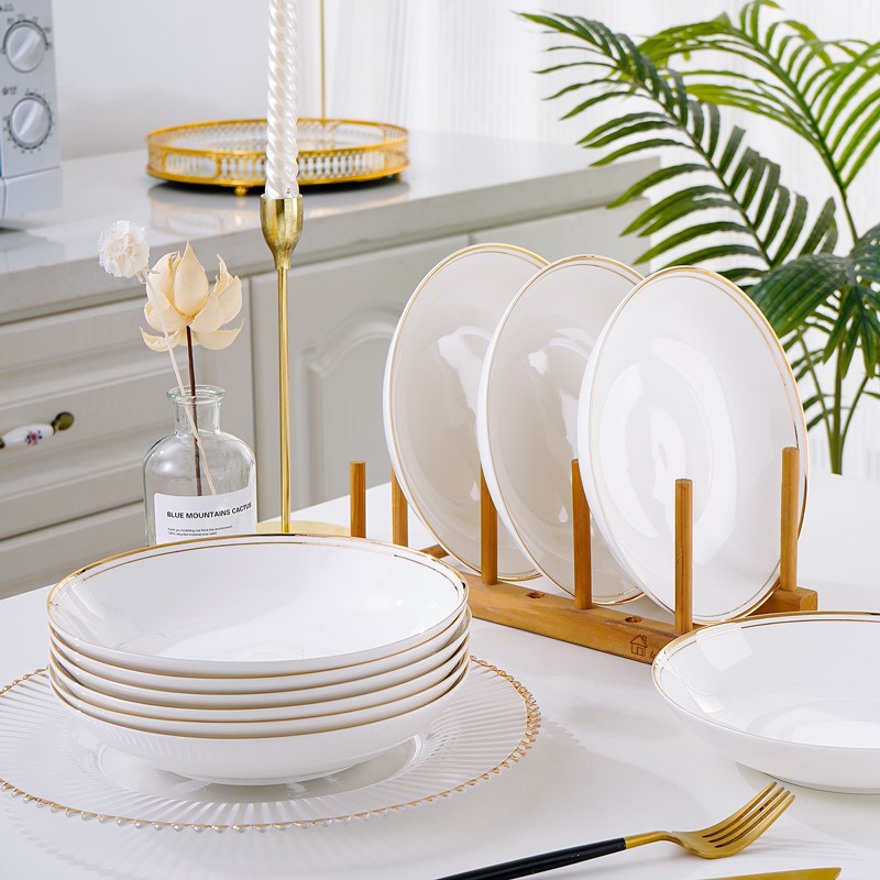 描金骨瓷盘子菜盘家用8英寸酒店餐盘碟子陶瓷深盘大盘子可微波盘