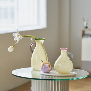 台面玻璃花瓶 单耳渐变彩色中古风瓷粉花瓶家用鲜花餐桌电视柜软装