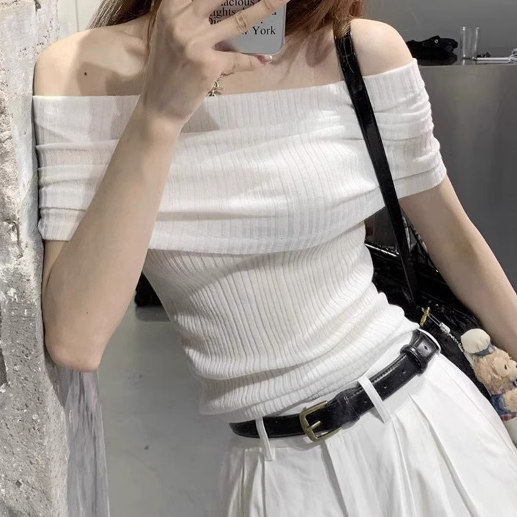 辣妹一字肩冰丝针织衫女