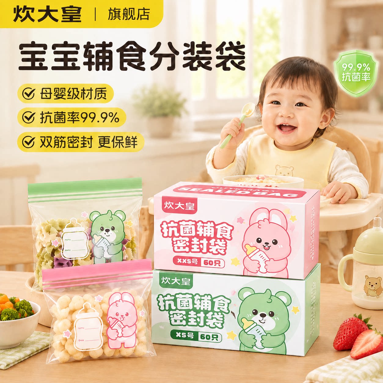 炊大皇宝宝辅食分装袋食品级婴儿零食保鲜密封袋家用抗菌双筋小号