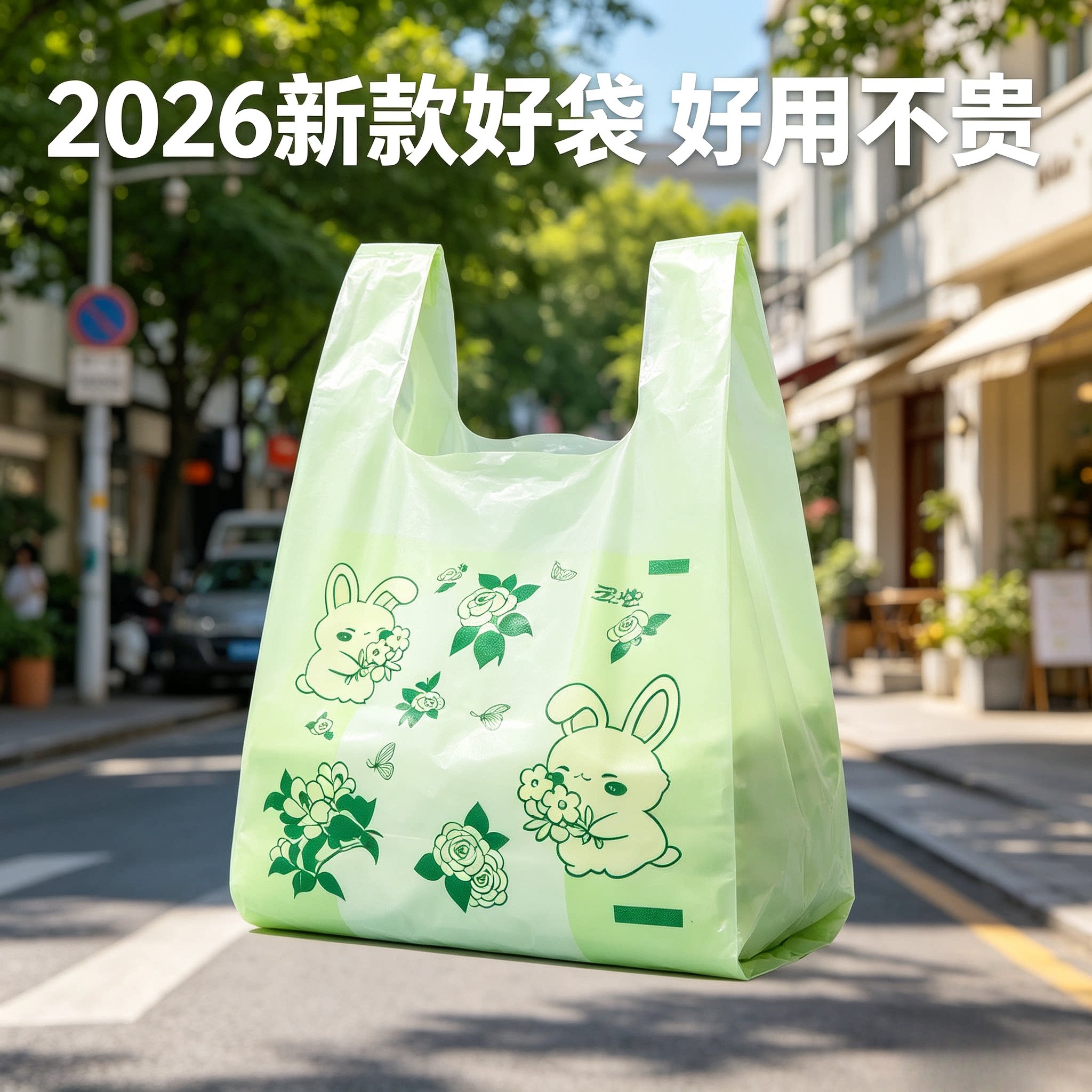 【新款香氛袋】植物系卡通兔子购物袋手提袋兔子图案包装袋塑料袋